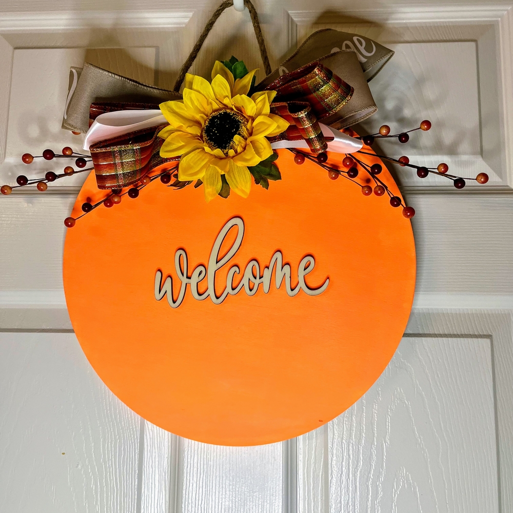 Orange Welcome Door Sign with Sunflower Accent